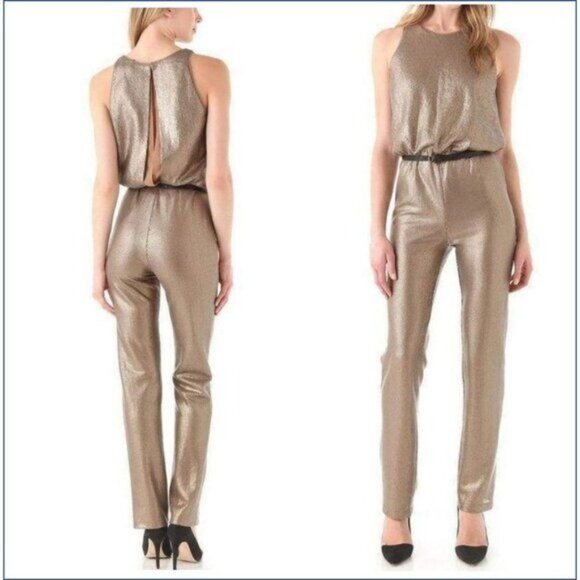 BCBGMaxAzria Gold Sequins Jumpsuit M Cocktail Party Holidays Lowe - Picture 2 of 16